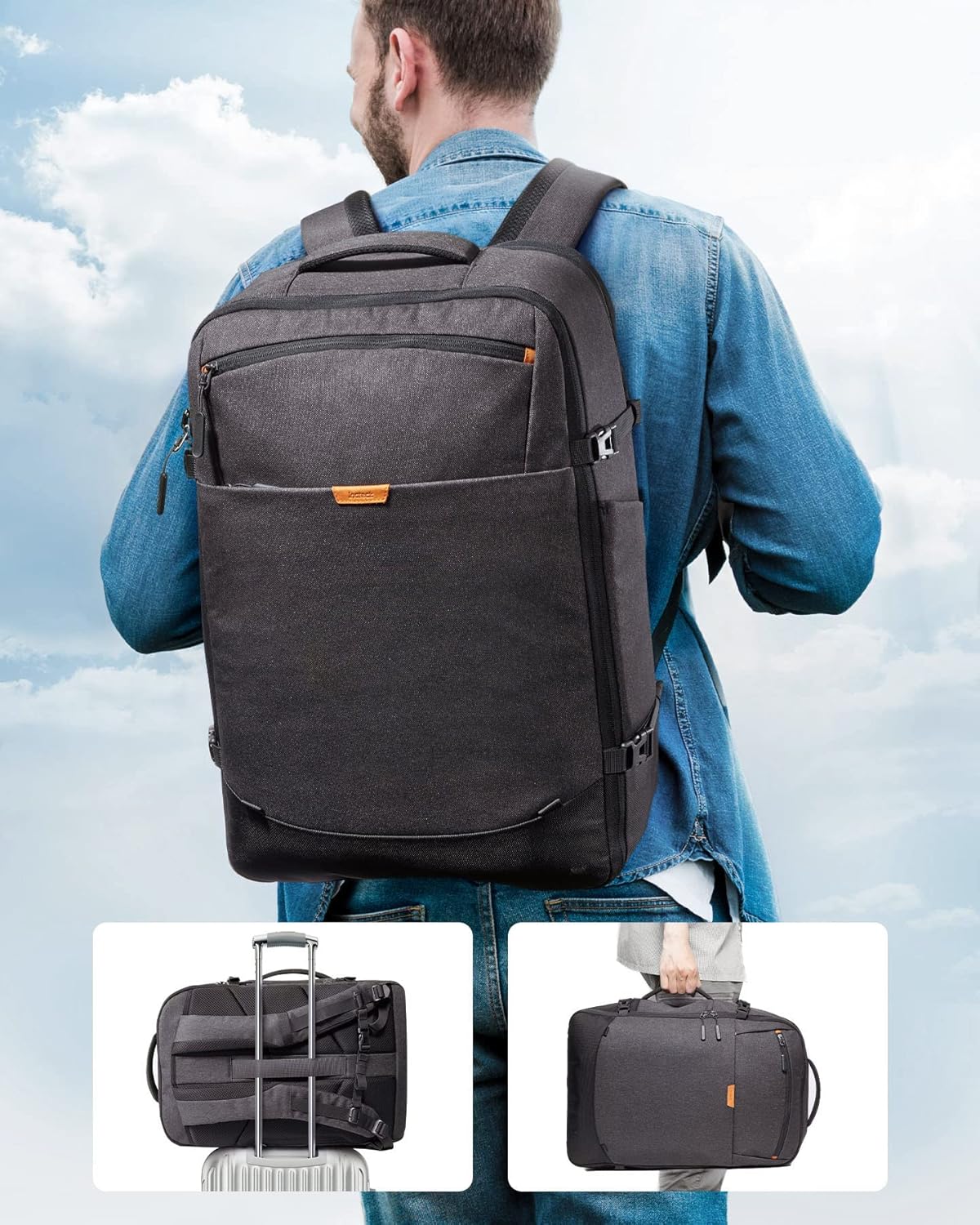 Erweiterbarer Reiserucksack für Handgepäck, Schwarz 46.2 L