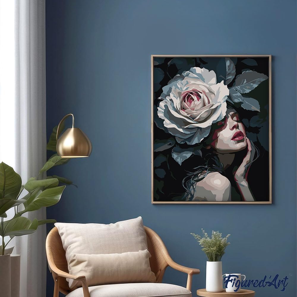 Malen nach Zahlen Set Dame mit Weisser Rose, 40 x 50 cm, Dame mit Weißer Rose 40x50cm Mit Keilrahmen (nicht gespannt)