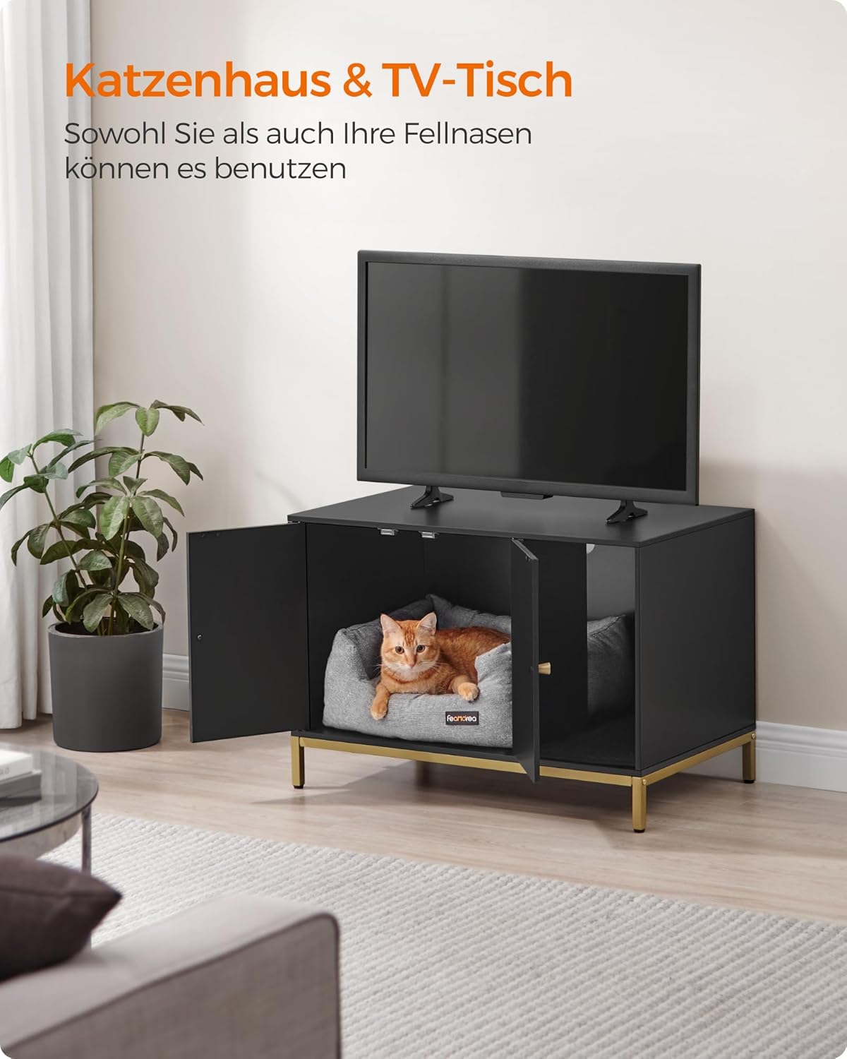 Katzenklo-Schrank PCL007B01 mit Kratzmatte und Beistelltischfunktion, 80 x 50 x 55 cm Schwarz + Goldfarben