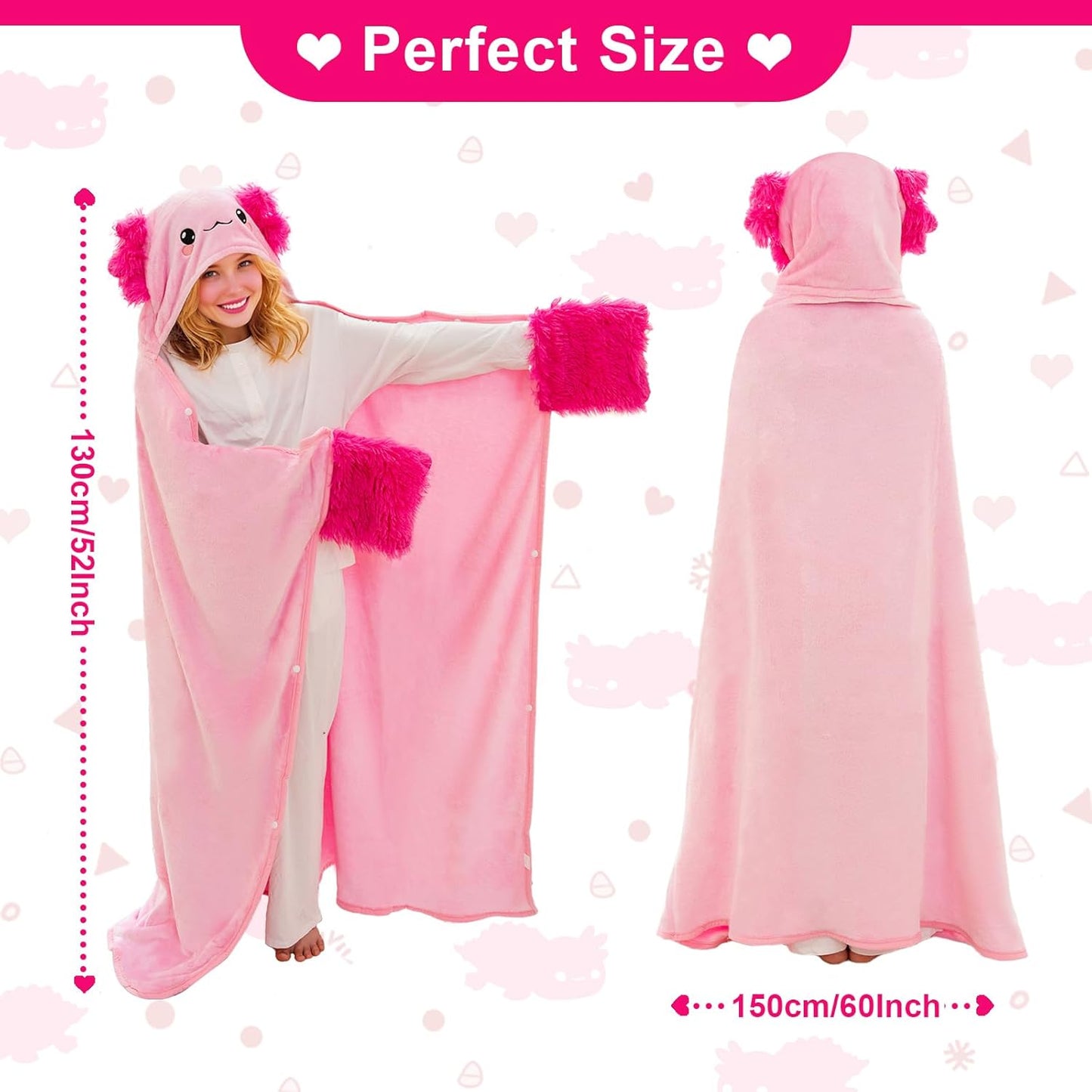 Tragbare Hoodie Kuscheldecke mit Kapuze und Handschuhen, Axolotl