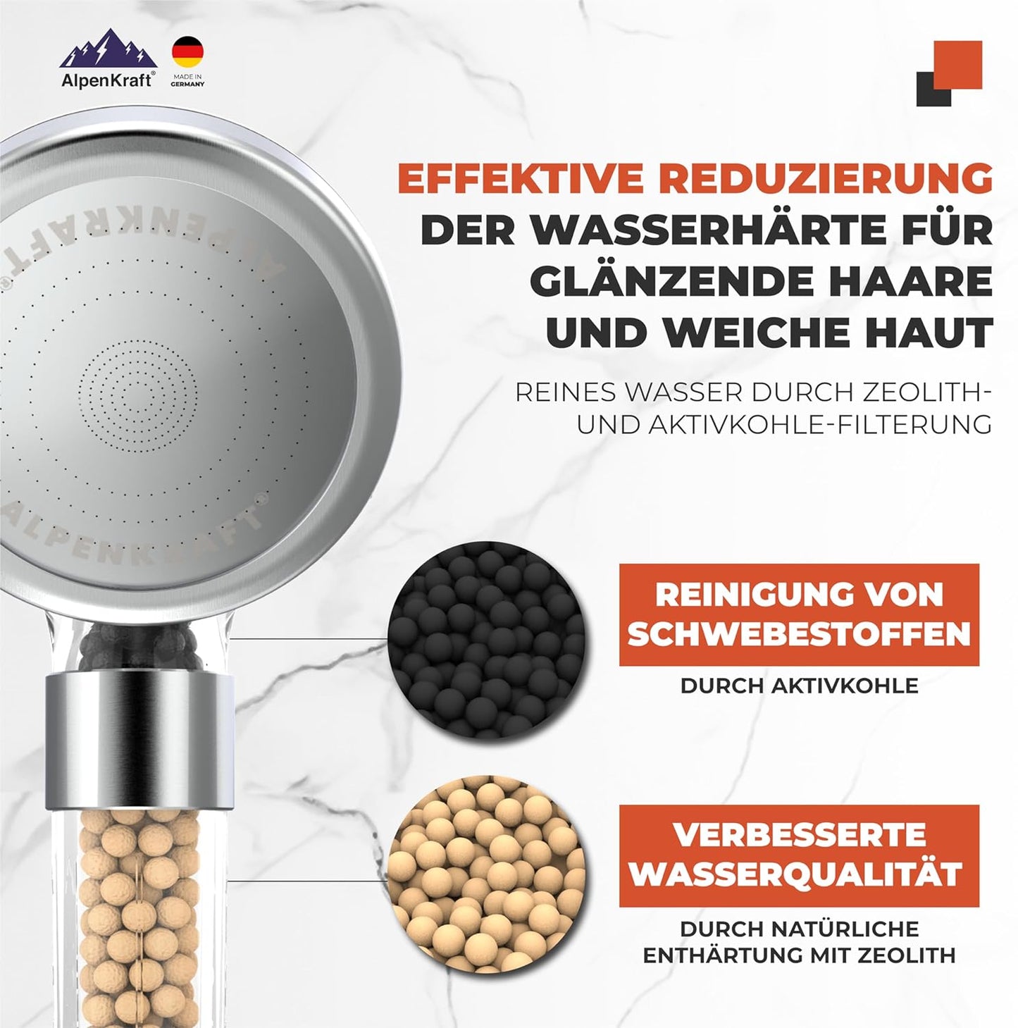 ZugSpitze - Wassersparender Duschkopf mit Aktivkohle und Zeolith Filterperlen