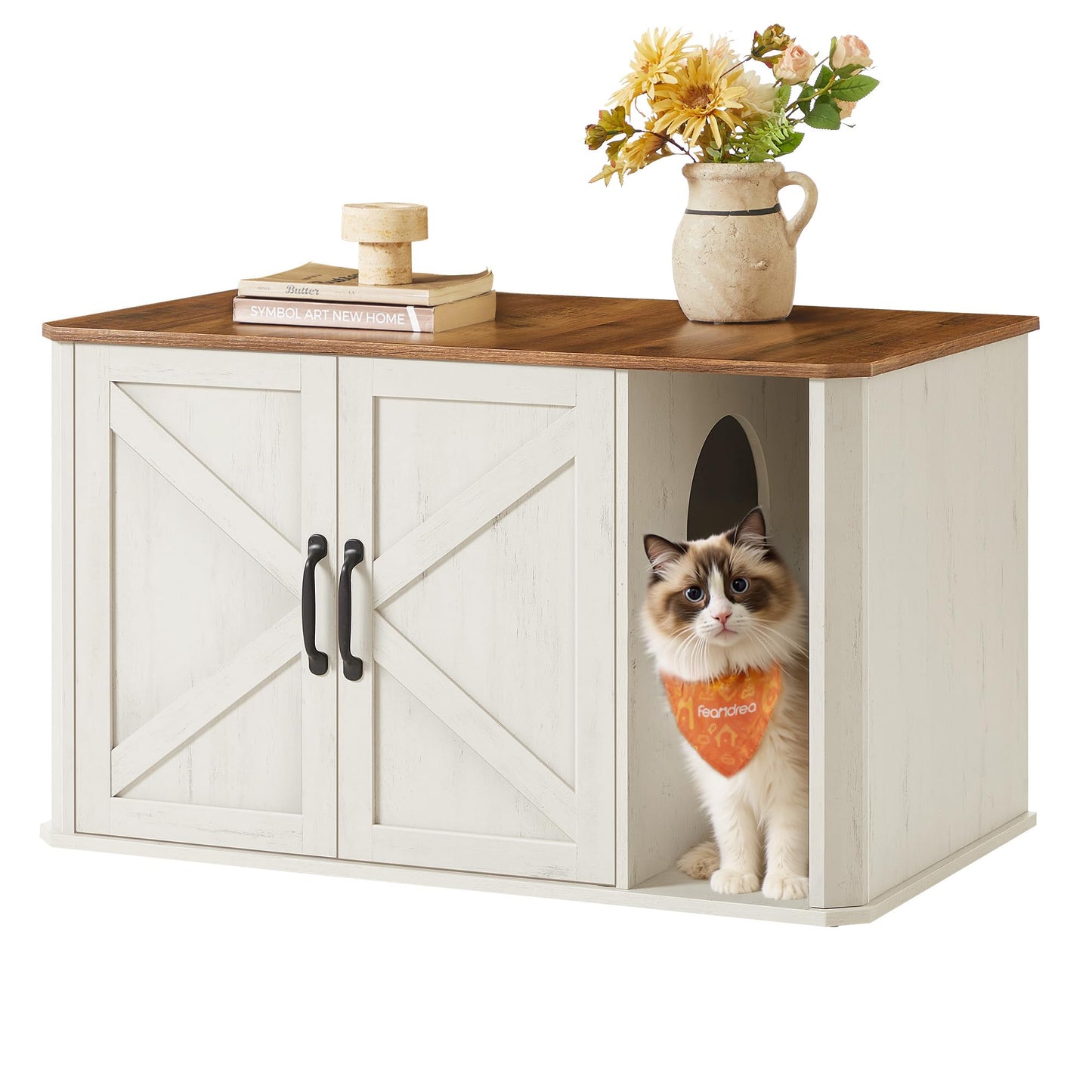 Katzenhaus mit integriertem Katzenklo-Schrank, Honigbraun + Vintageweiss