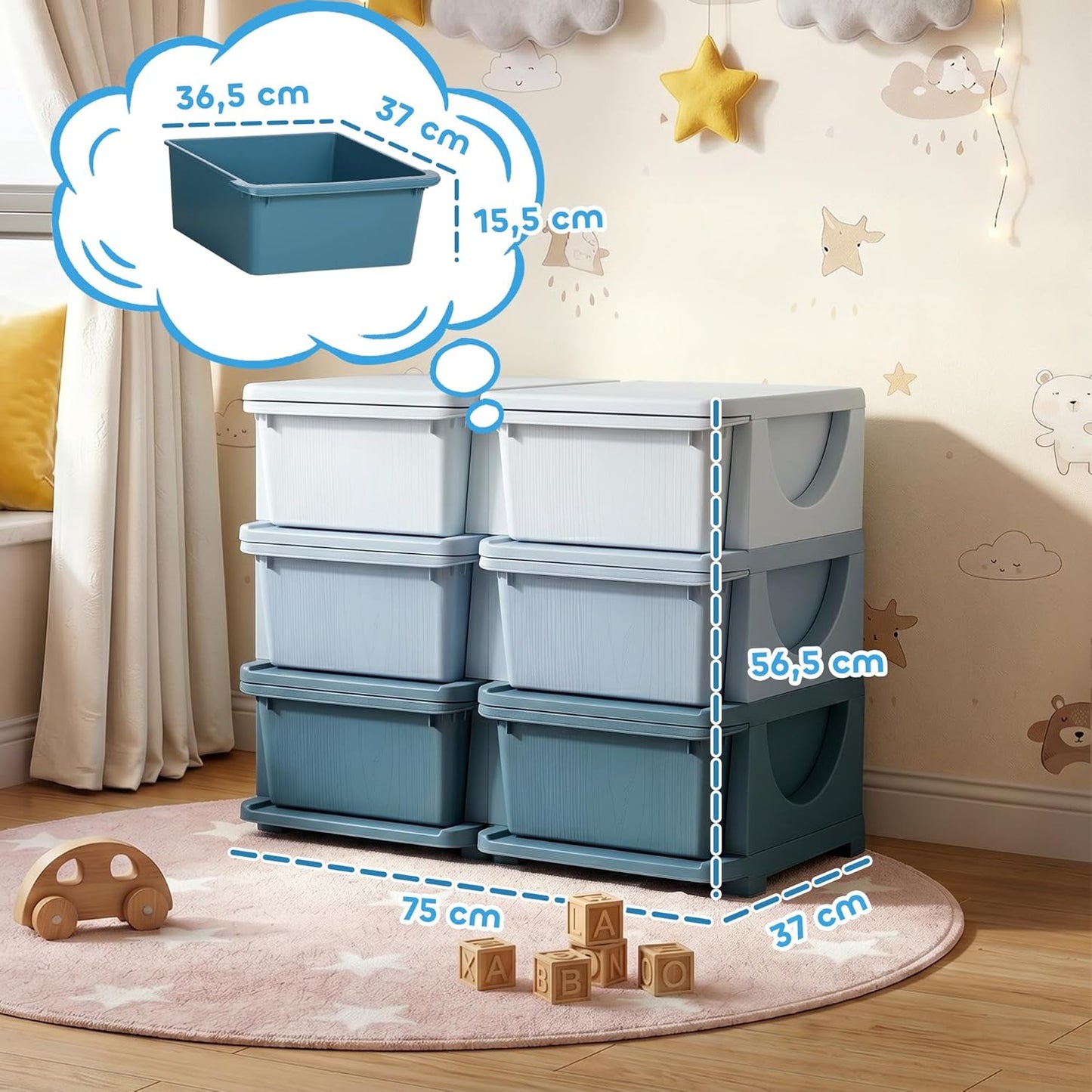 Schubladenschrank Spielzeug-Organizer für Kinderzimmer, 75L x 37B x 56,5H cm Blau