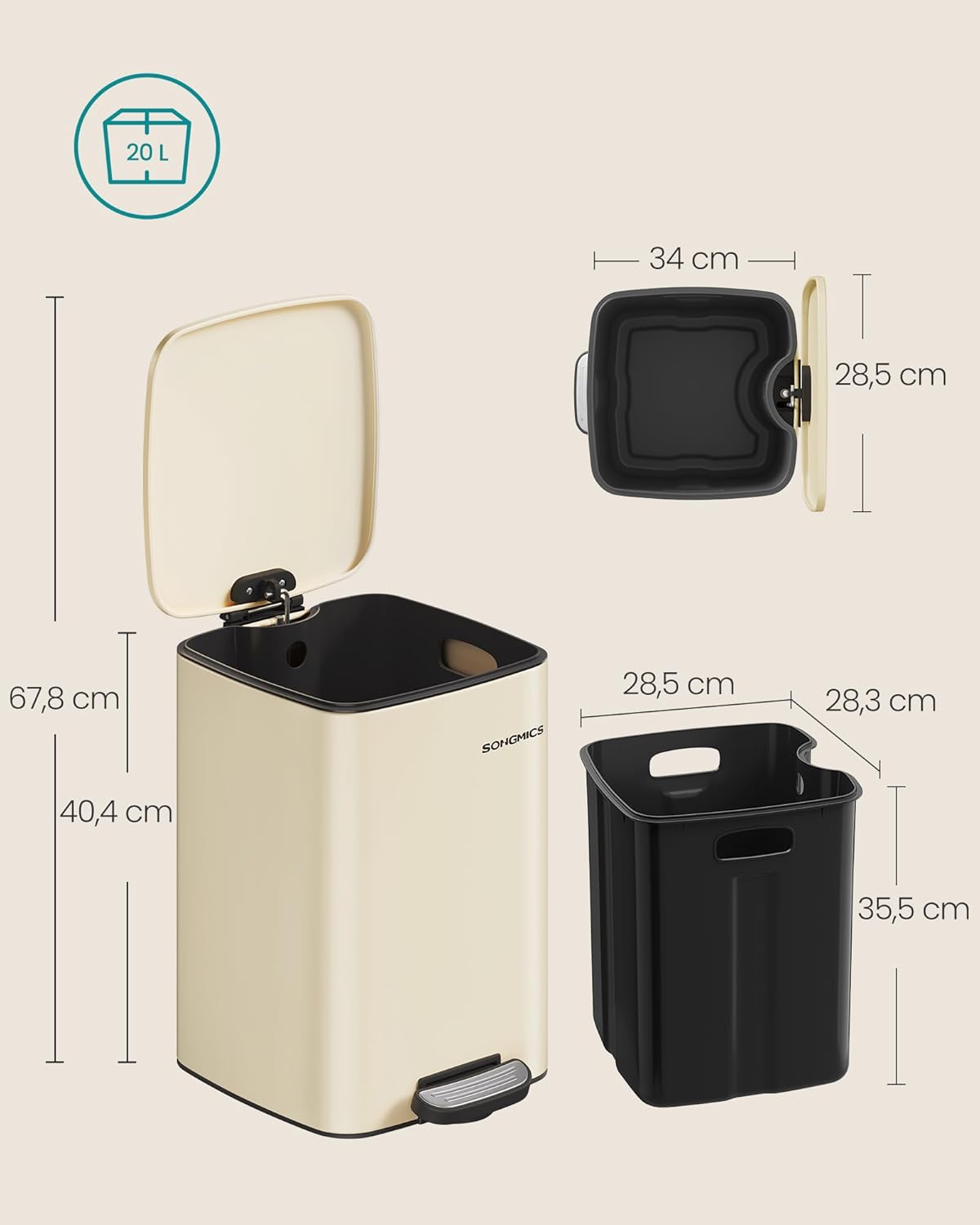 Tretmülleimer mit Softclose, sandbeige 20 L