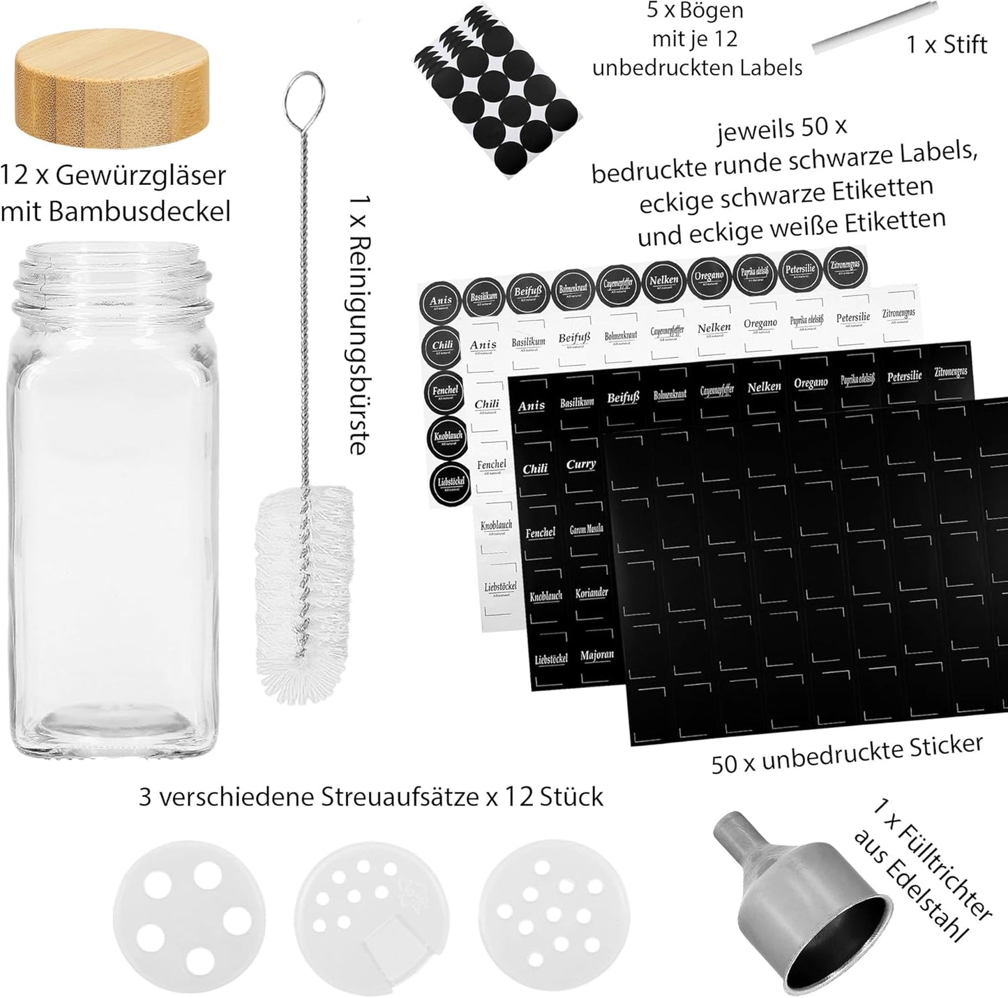 Gewürzgläser-Set mit Bambusdeckel, 12 x 120 ml