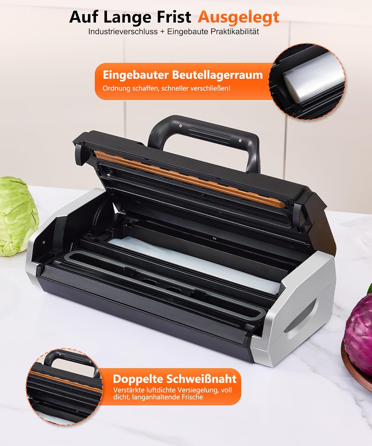 SV629 Vakuumierer mit Doppelter Schweissnaht, 10 Modi, 1 Beutelrollen & 15 Beutel, Schwarz Silber