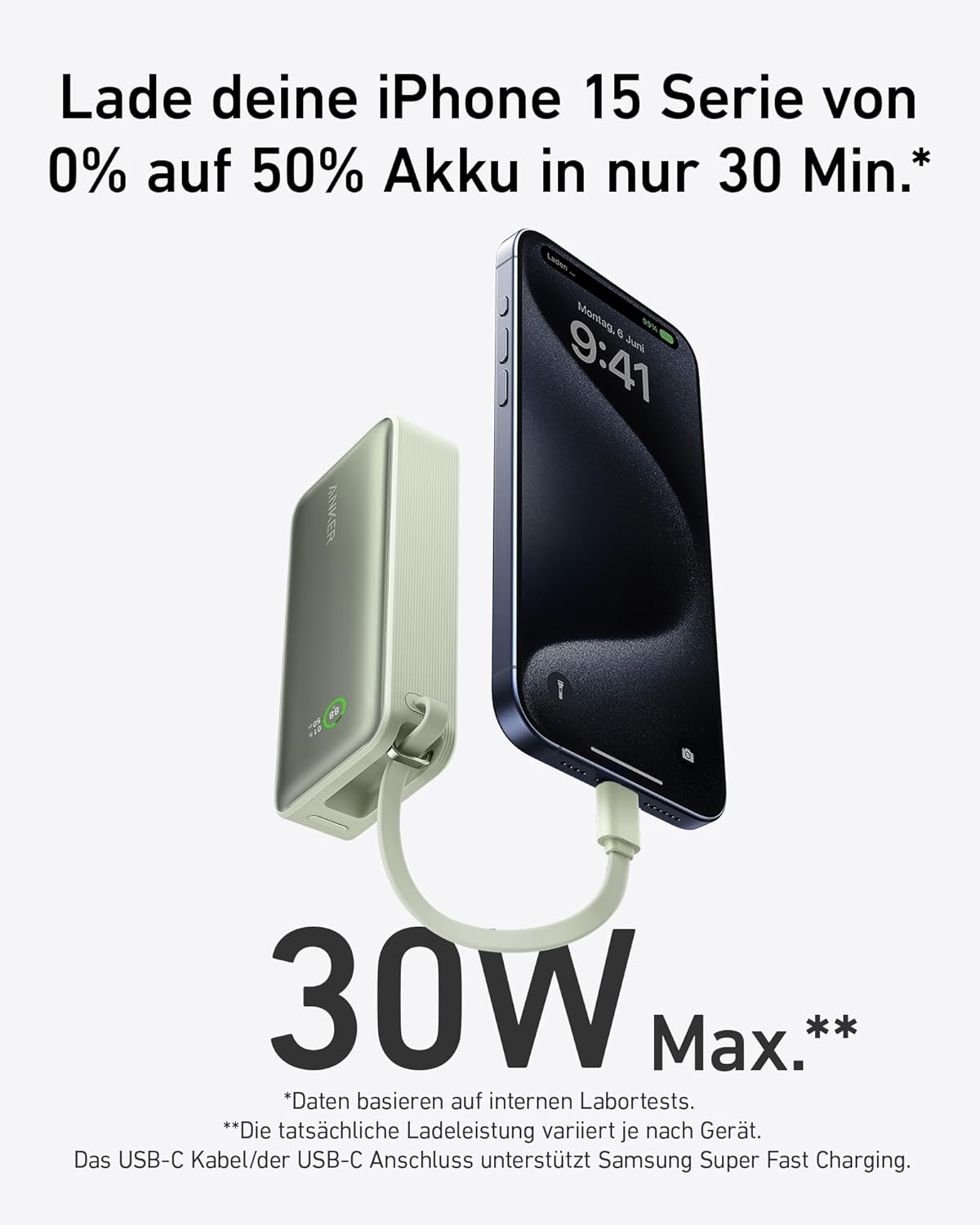 Nano Powerbank mit USB-C Kabel, 10.000mAh, Grün