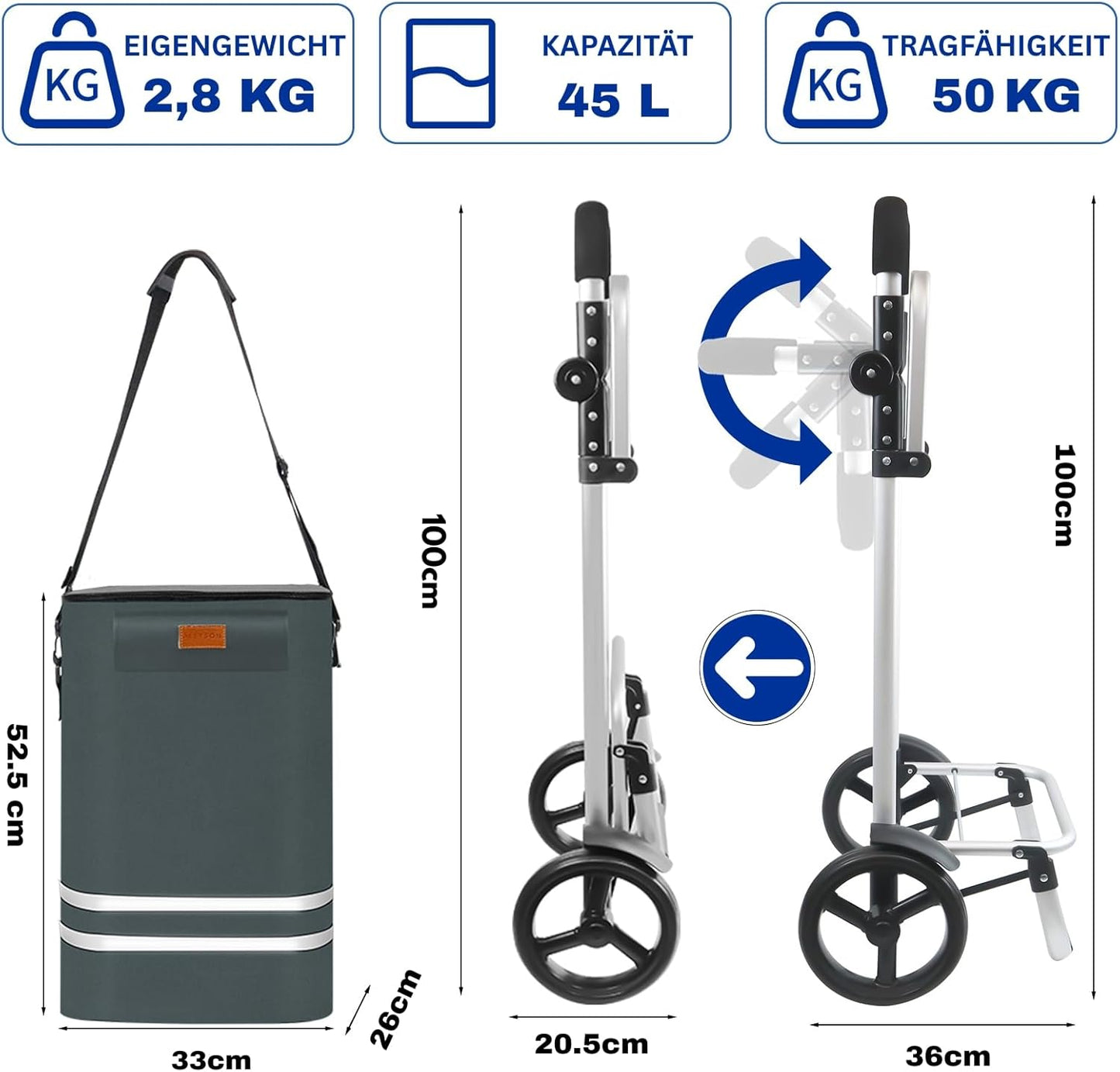 Ergonomischer, klappbarer 3-in-1 Einkaufswagen mit 56L Tasche, Dunkelgrau