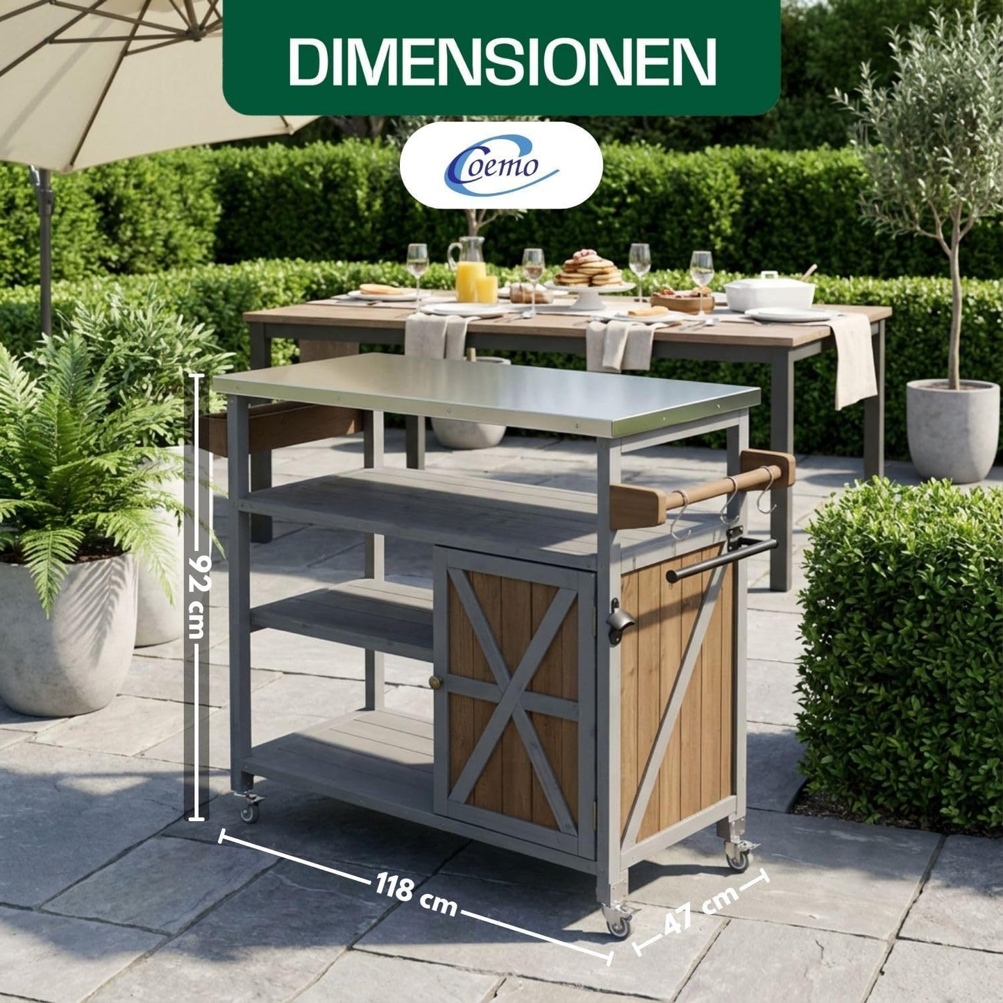 Servierwagen mit Rollen und Edelstahltop, 118 x 47 cm Grau