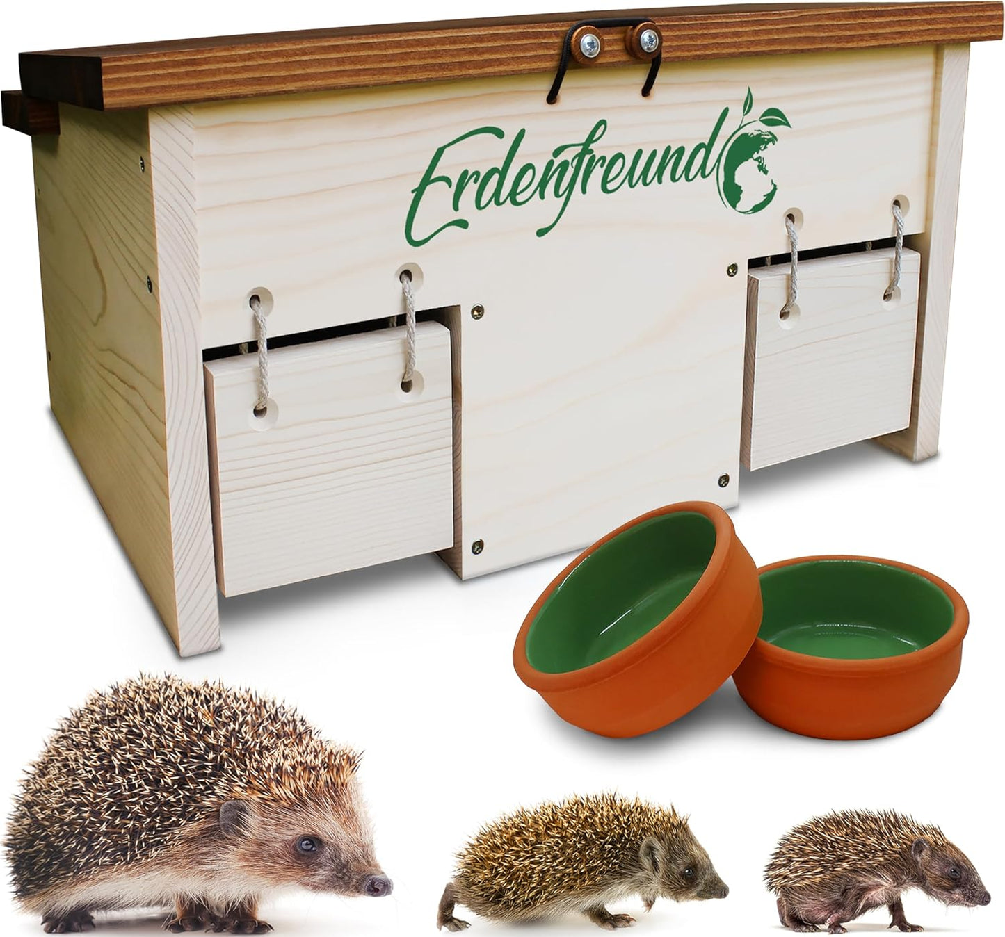 Igelfutterhaus mit Rattenklappe & Napf-Set, Igelfutterhaus inkl. 2er Set Wasser-& Futternapf