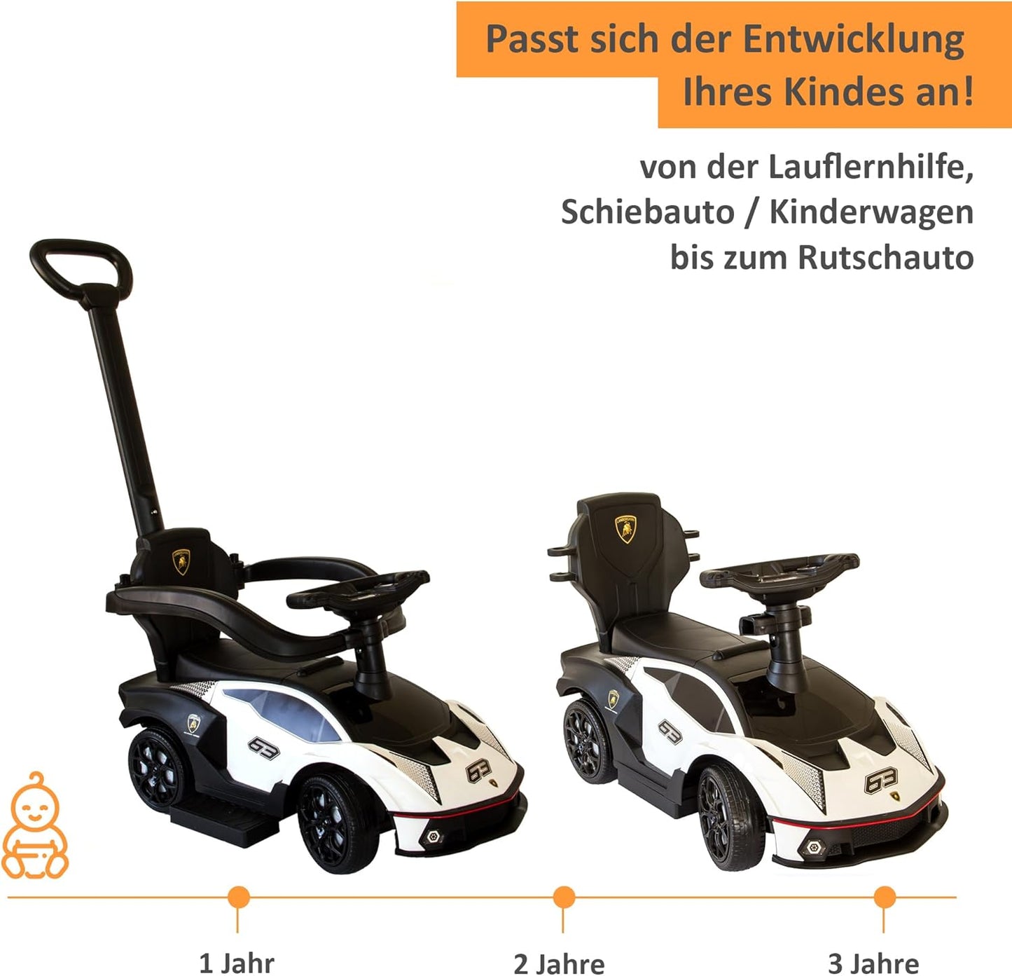 Rutschauto mit Schiebstange, Weiss