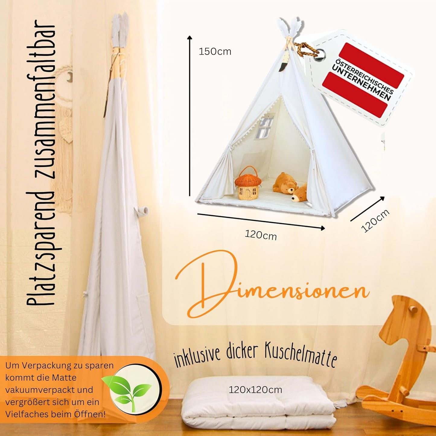Tipi Zelt mit Kuschelmatte, Reinweiss