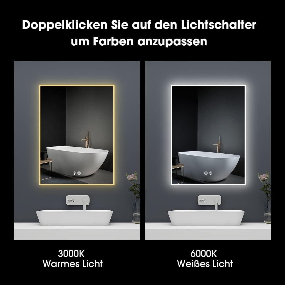 Badspiegel mit LED-Beleuchtung und Touchschalter, 80x60cm, 60x80CM Horizontal & Vertikal Ohne Wetterstation