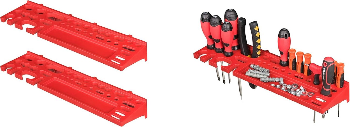 Werkzeugwand mit Stapelboxen und Haltern, Rot