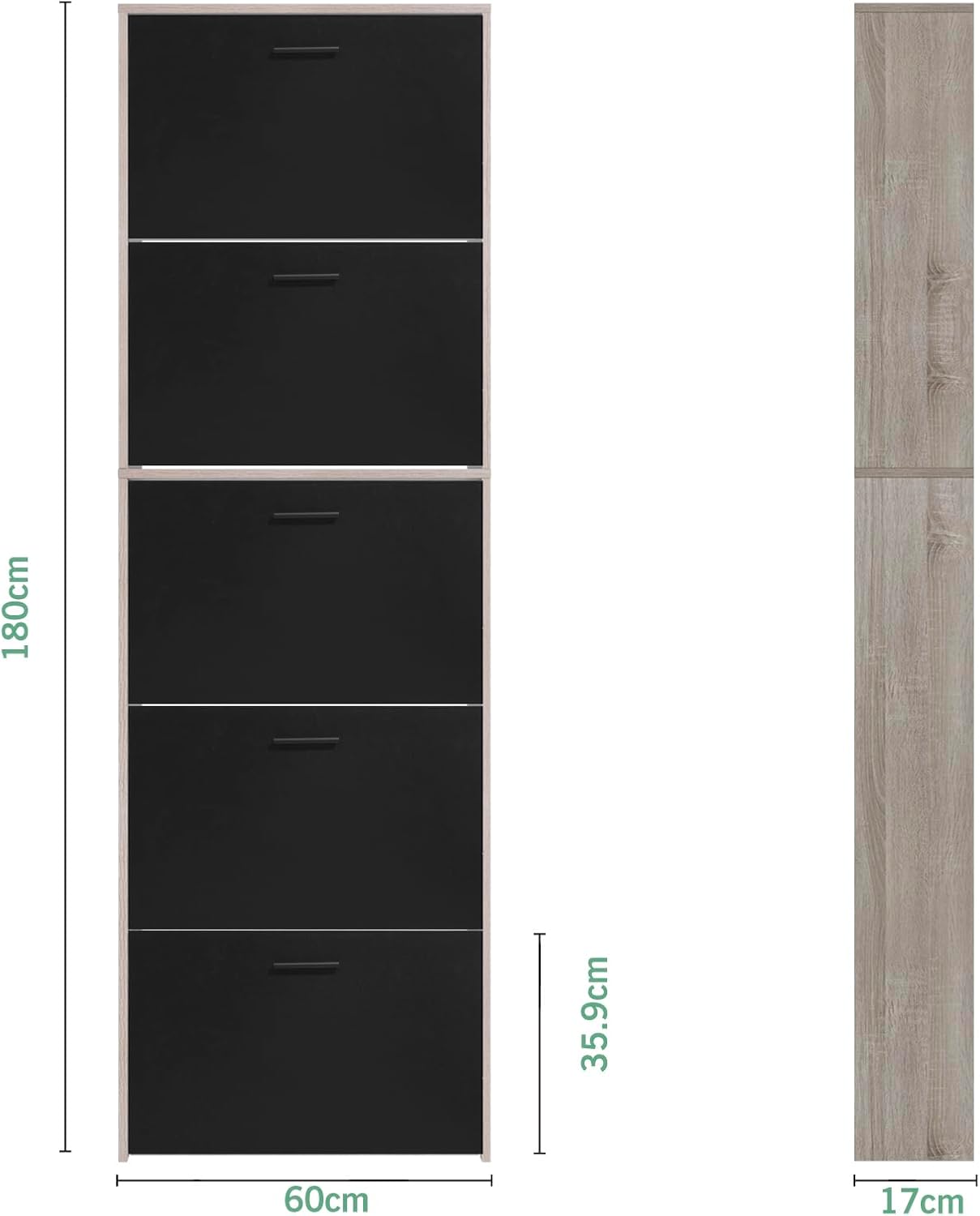 Schuhschrank für 15 Paar, Schwarze Türen 5 Türen