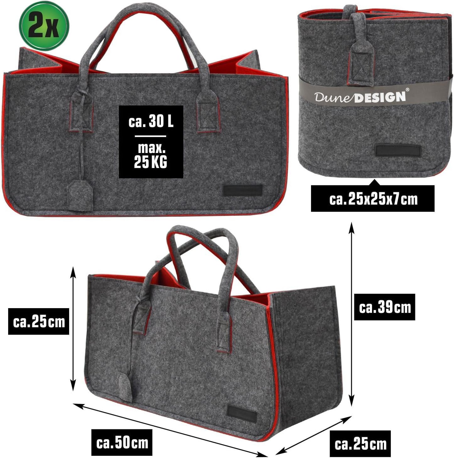 Shopping Filztasche XXL bis 25kg, Grau Rot