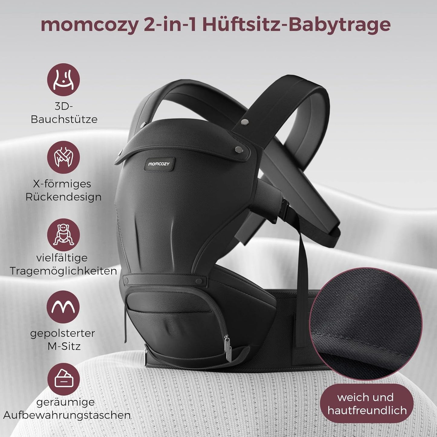 Verstellbare Babytrage mit Hüftkissen, Schwarz