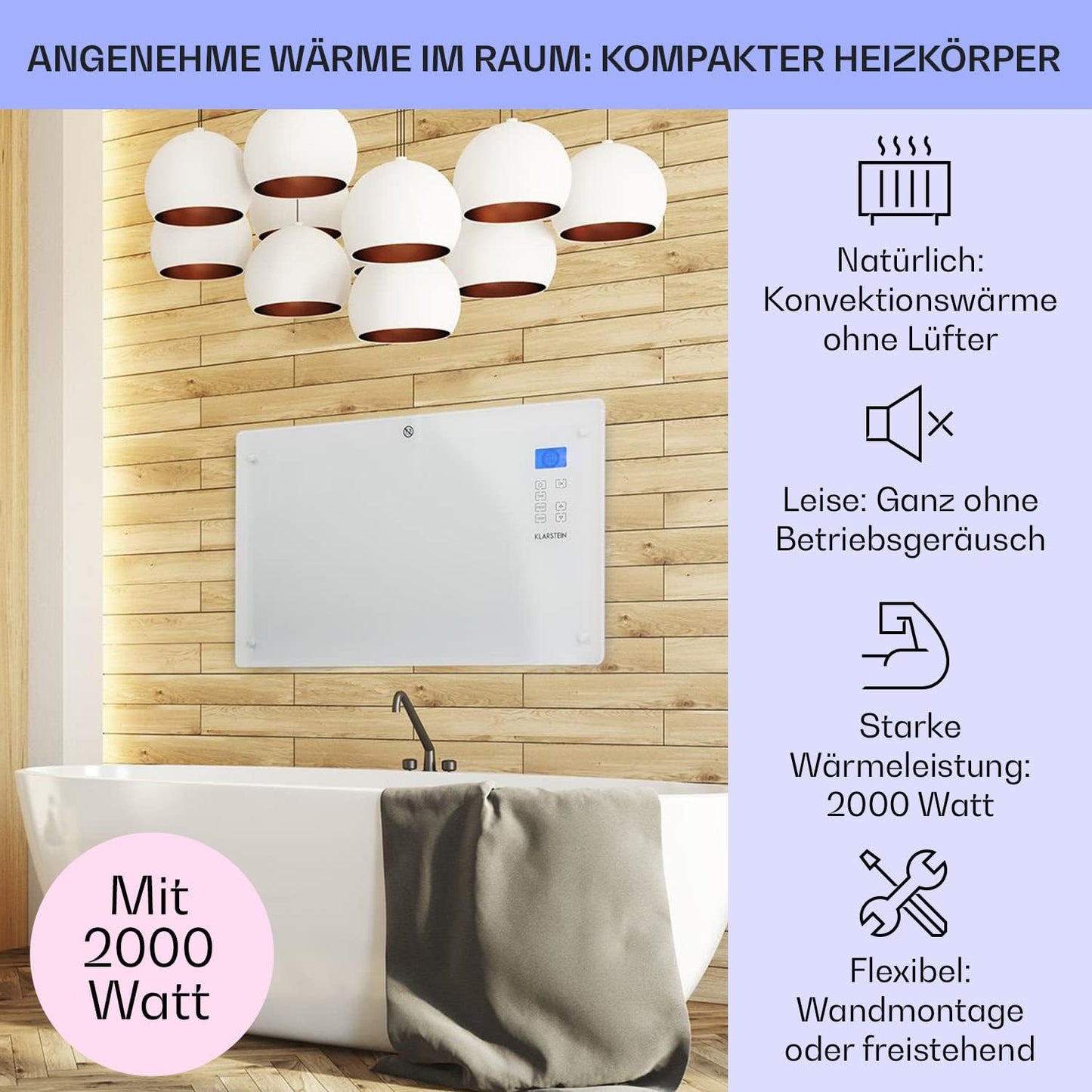 Elektroheizung Konvektor mit Thermostat, 2000 Watts - bis 30 m² Weiss