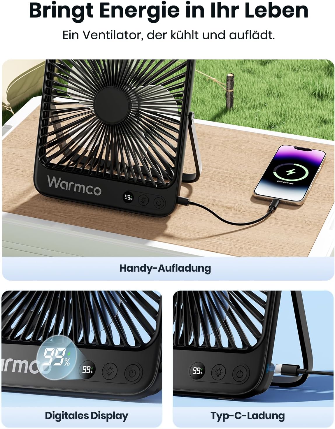 Tragbarer Campingventilator mit LED-Licht, Schwarz