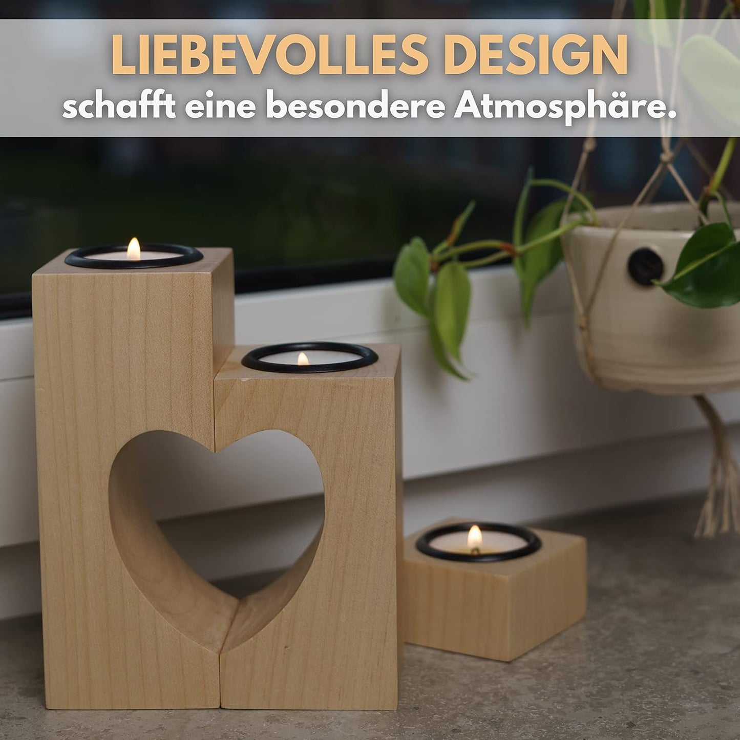 Herz Teelichthalter-Set aus Holz (3 Stück), Ahorn