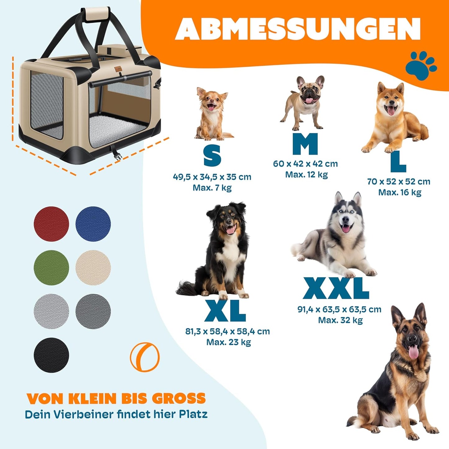 Faltbare Tiertransporttasche mit Napf & Gurt, XXL / Beige