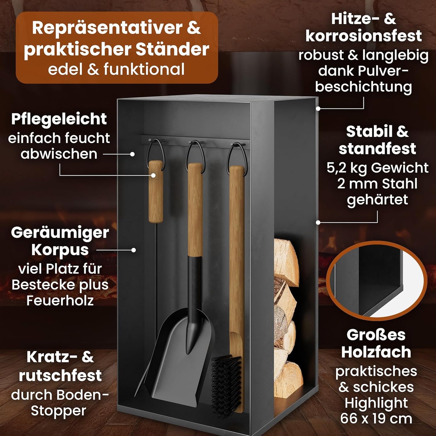 4-teiliges Kaminbesteck-Set Aspen mit Holzfach, Aspen 4-teilig Schwarz