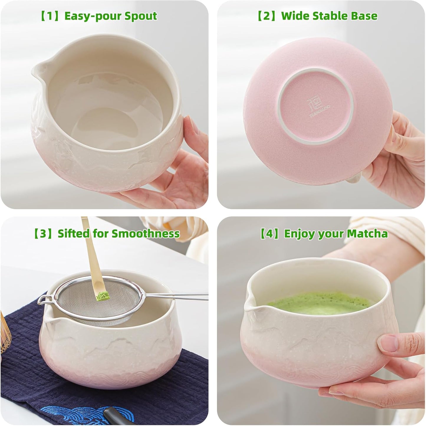 7-teiliges Matcha-Tee-Zubereitungsset, 7Stück/Set, Schüssel mit Ausgießer Farbverlauf Rosa