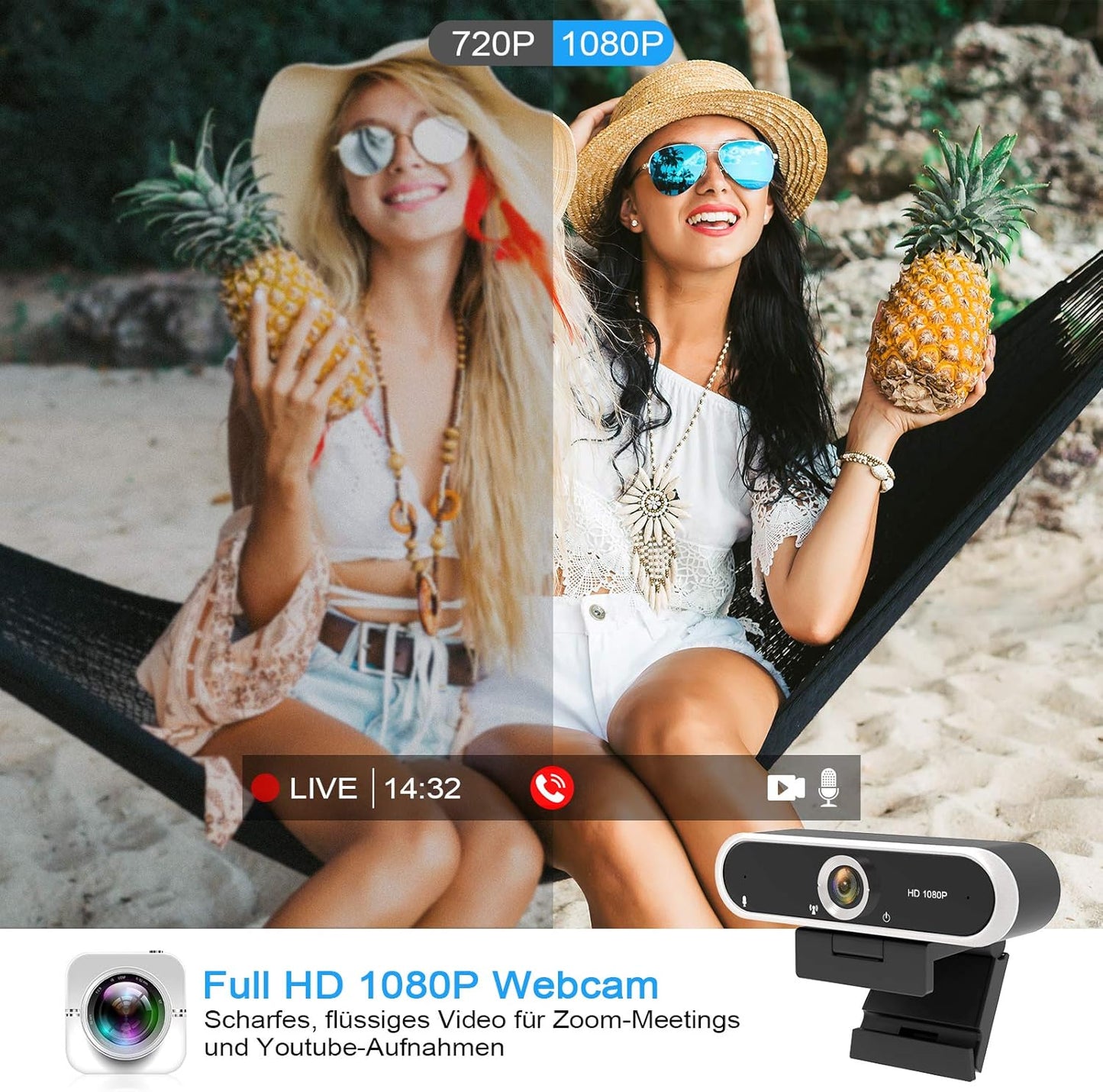 Webcam 1080P mit Mikrofon und Abdeckung, 1080P WEBCAM