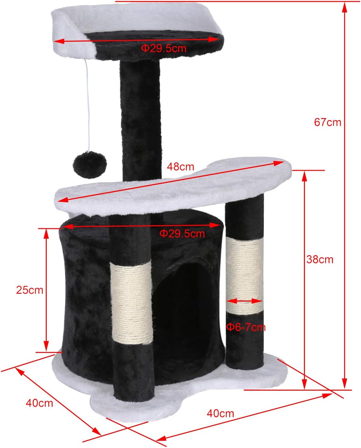 Katzenkratzbaum mit Sisal und Spielball, Schwarz & weiss