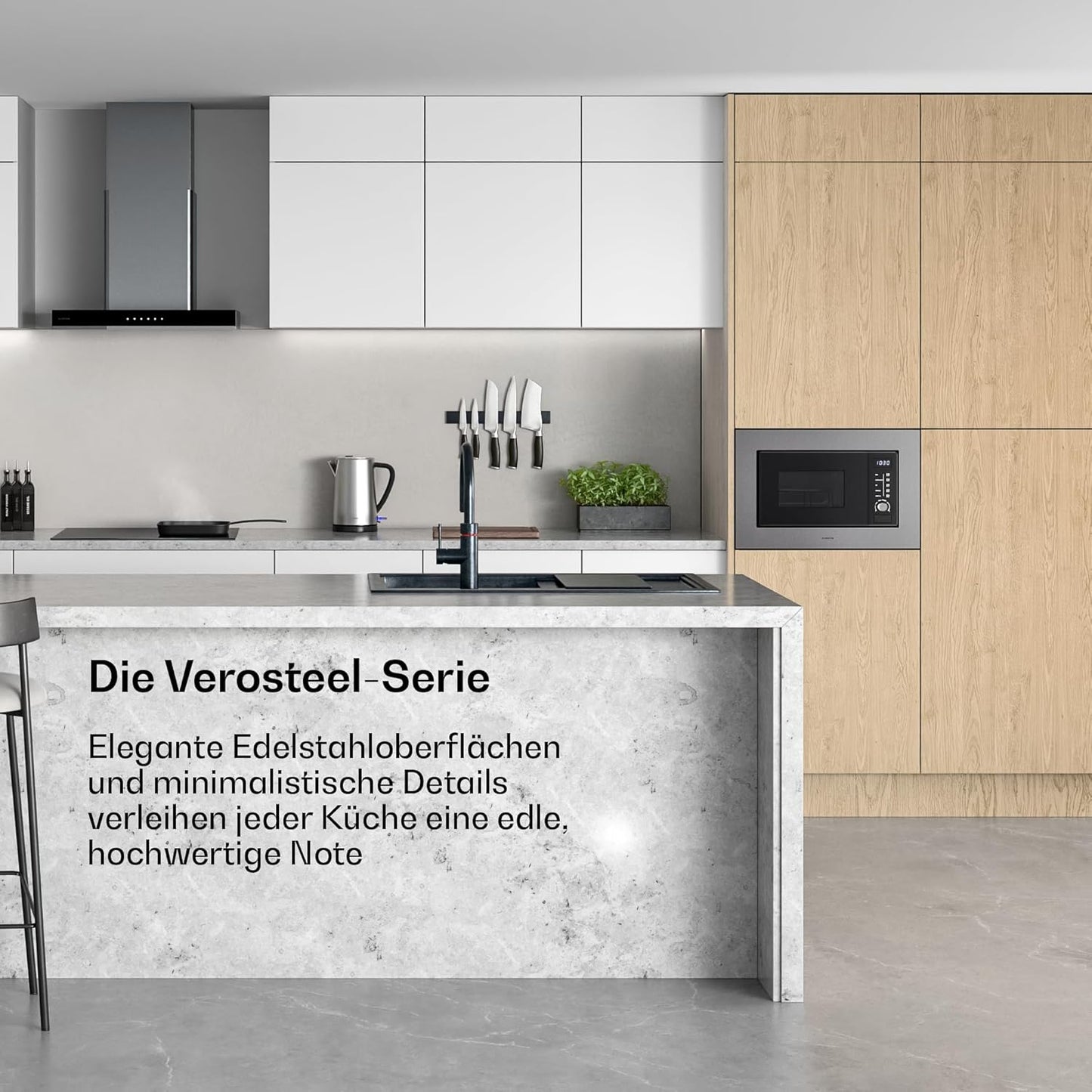 Einbaumikrowelle Verosteel mit Grill, 8 Programme, Auftaufunktion, 20L Edelstahl