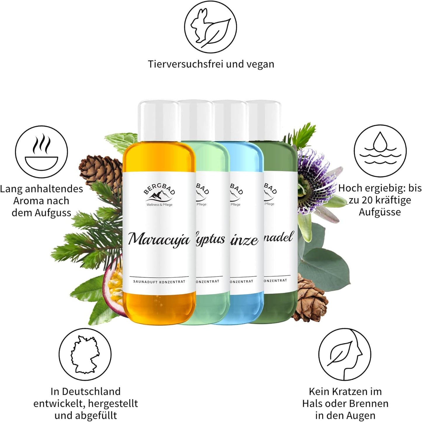 Saunaaufguss Set, Eisminze, Eukalyptus, Fichtennadel, Maracuja