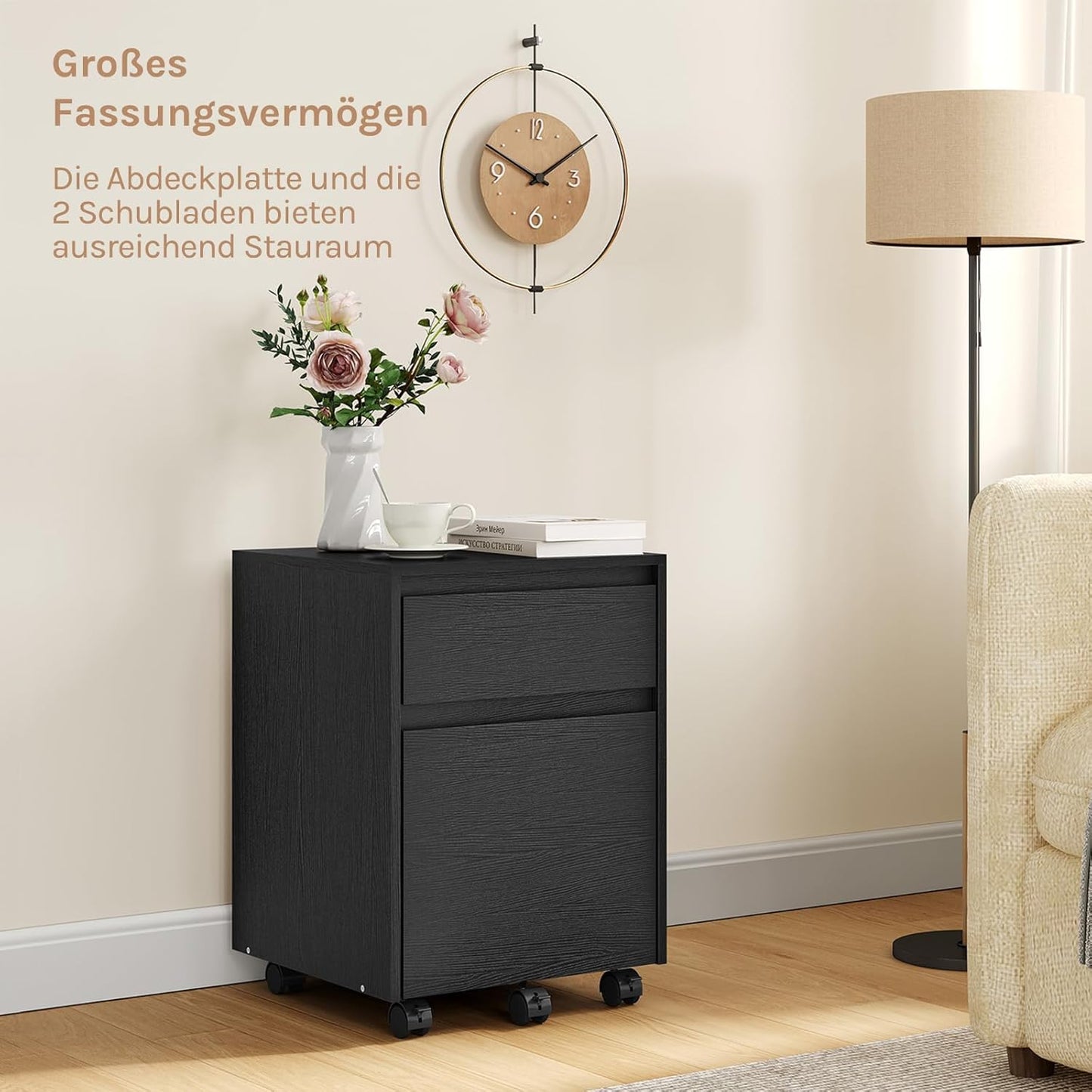 Rollcontainer mit 2 Schubladen, 2 Ablagen(40T x 40B x 56H cm) Schwarz