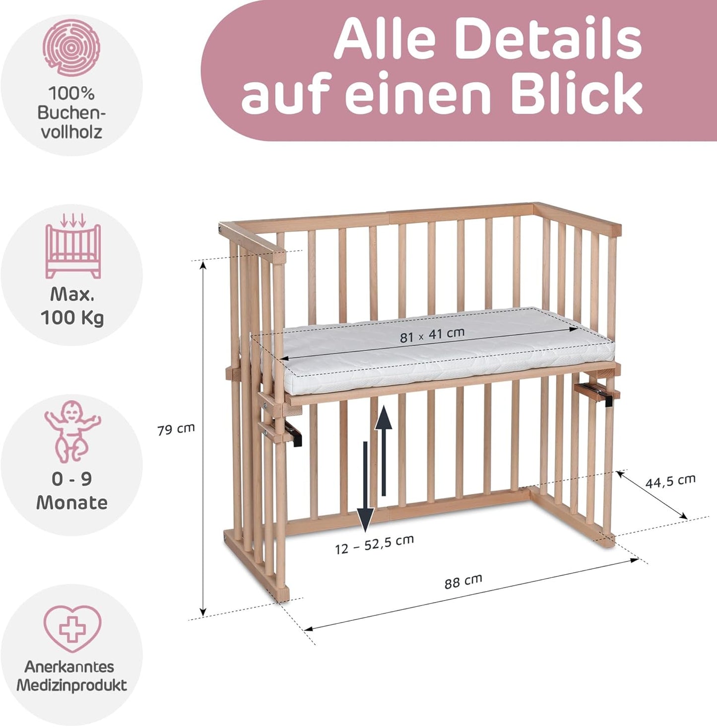 Beistellbett Midi mit Matratze Classic Soft, Natur Unbehandelt 88L x 44.5B x 79H cm Mit Matratze