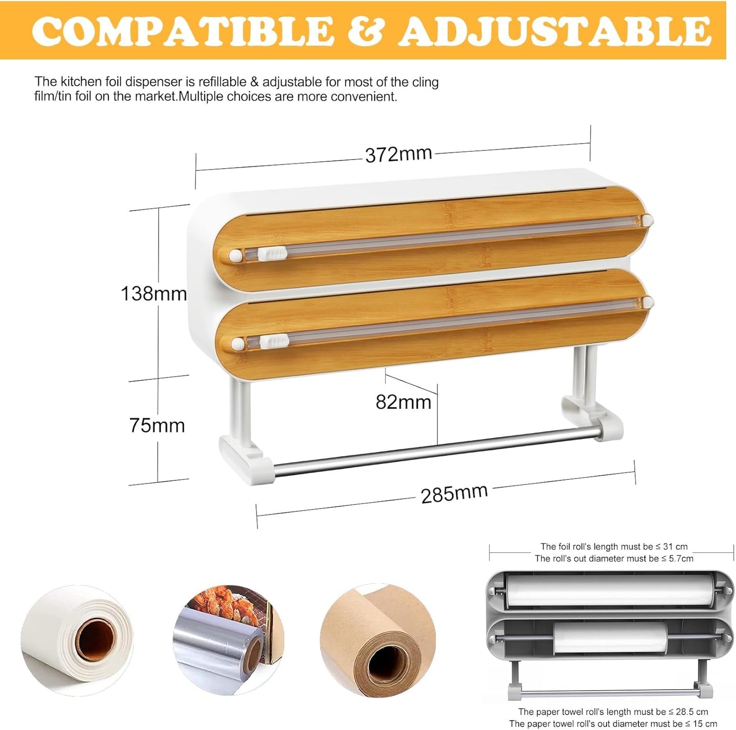 3-in-1 Frischhaltefolienspender mit Folienschneider und Küchenrollenhalter, Natur