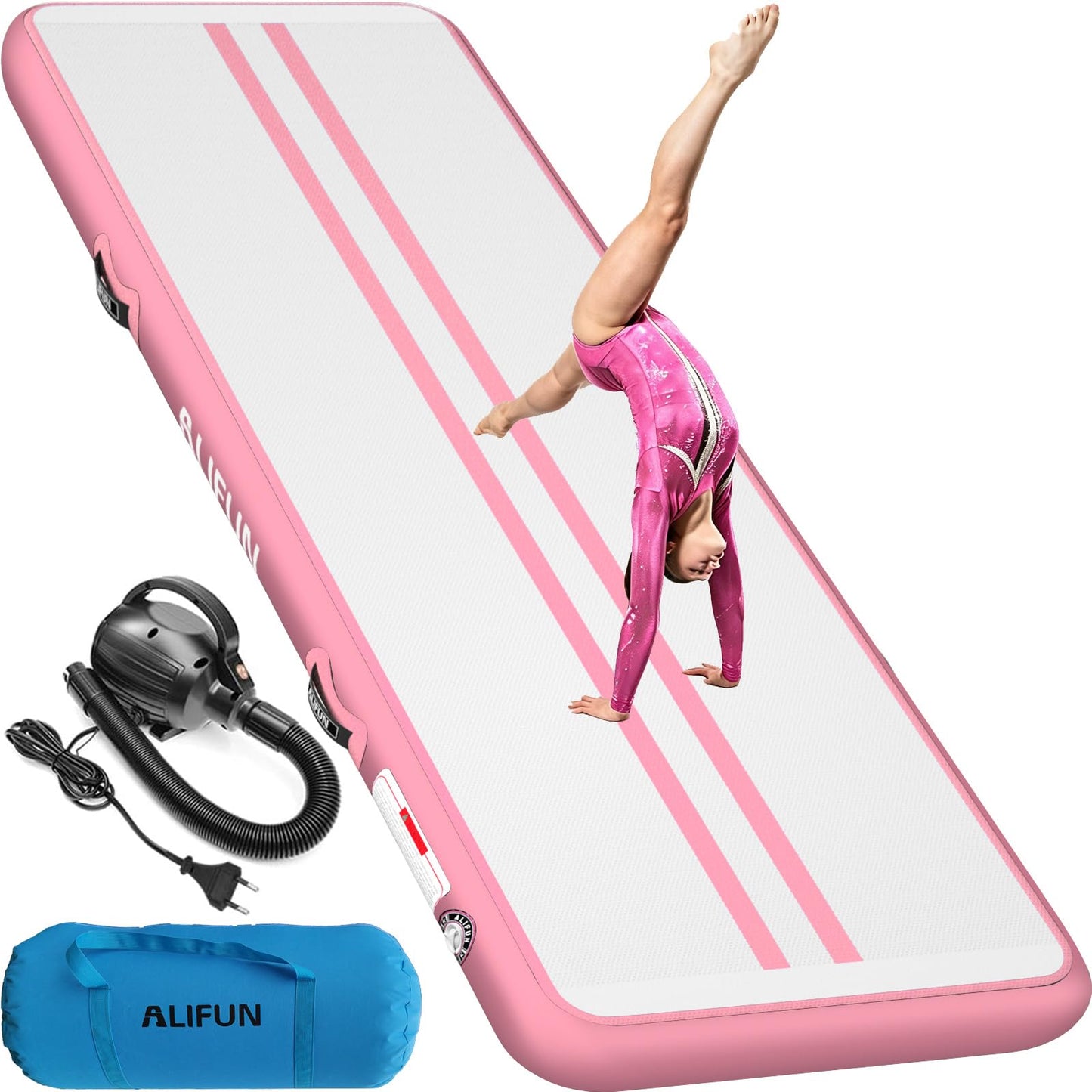 Aufblasbare Gymnastik-Tumbling-Matte mit Luftpumpe, LightPink 300*100*15 cm