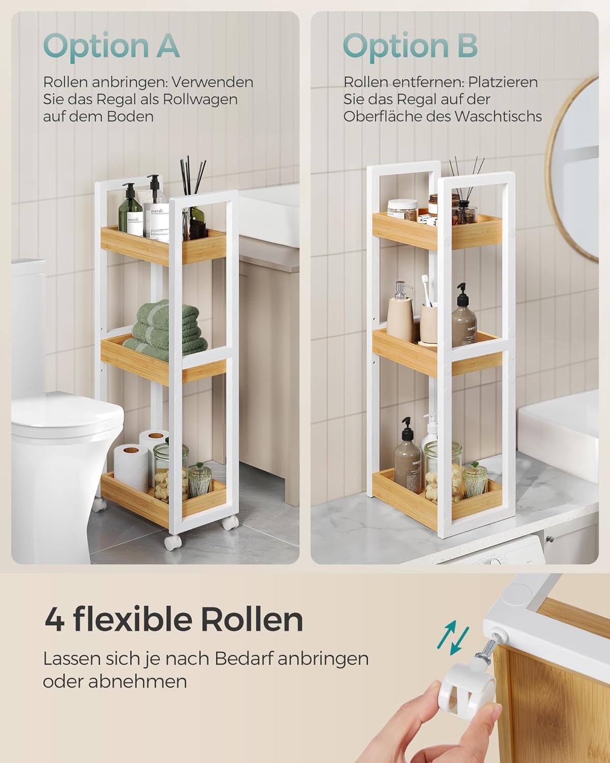 Rollwagen für Bad, Weiß + Naturfarben