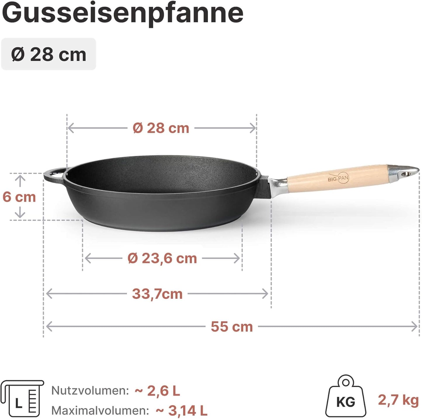 Gusseisenpfanne mit Glasdeckel und Holzgriff, 28 cm Mit Deckel