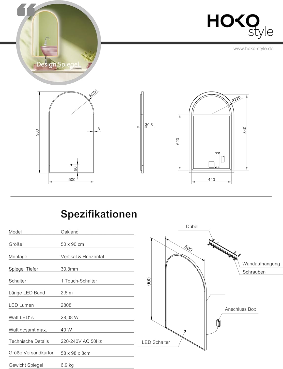 LED Badspiegel mit Touch Schalter, Gold-arch|90L x 50B cm