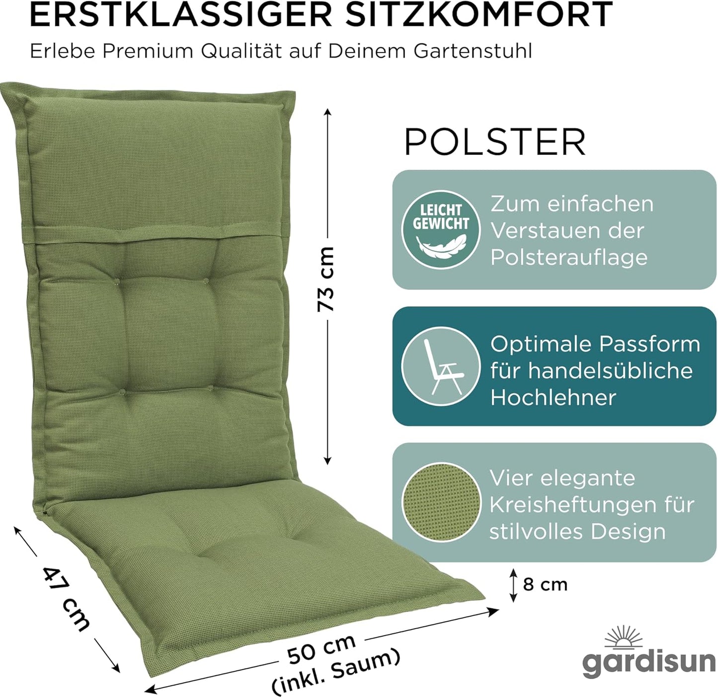 4er-Set Sitzauflagen für Hochlehner-Gartenstühle, 4-Stück Grün (Ohne Kopfteil)