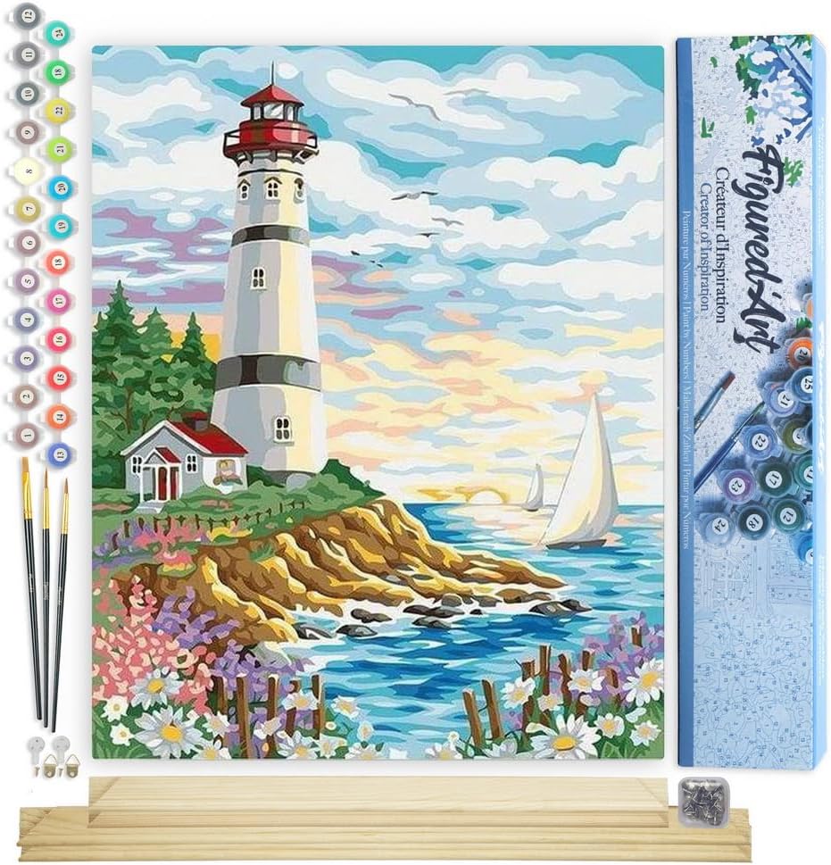 Malen nach Zahlen - Leuchtturm unter bewölktem Himmel, Leuchtturm unter bewölktem Himmel 40x50cm Mit Keilrahmen (nicht gespannt)