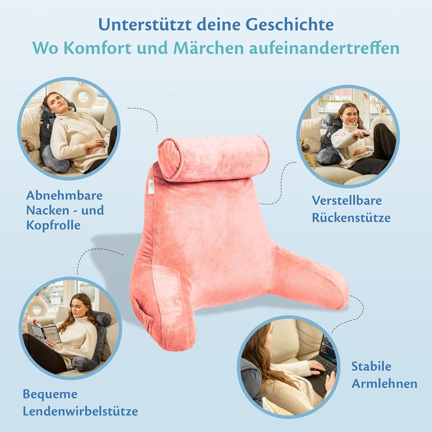 Lesekissen mit Nackenrolle und Armlehnen, Rosa