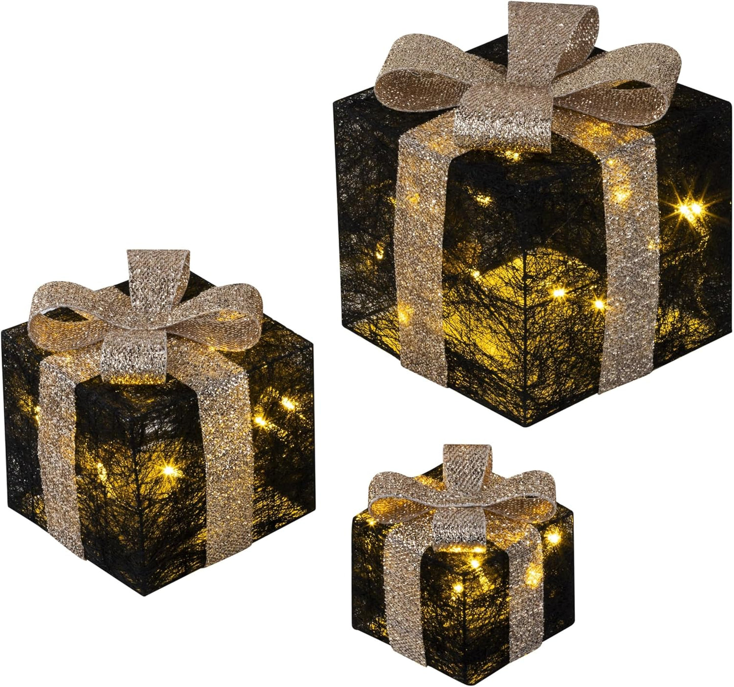3er-Set LED-Geschenkboxen mit Timer, Schwarz-Gold
