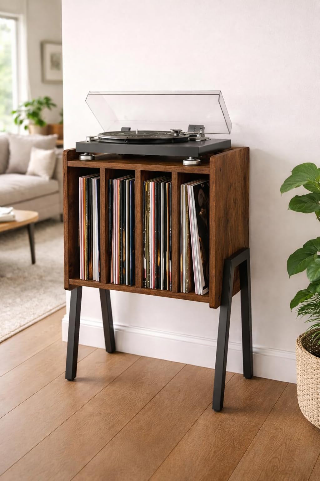 Plattenspielertisch mit 4 Fächern, Vintage Braun 40 x 30 x 66cm