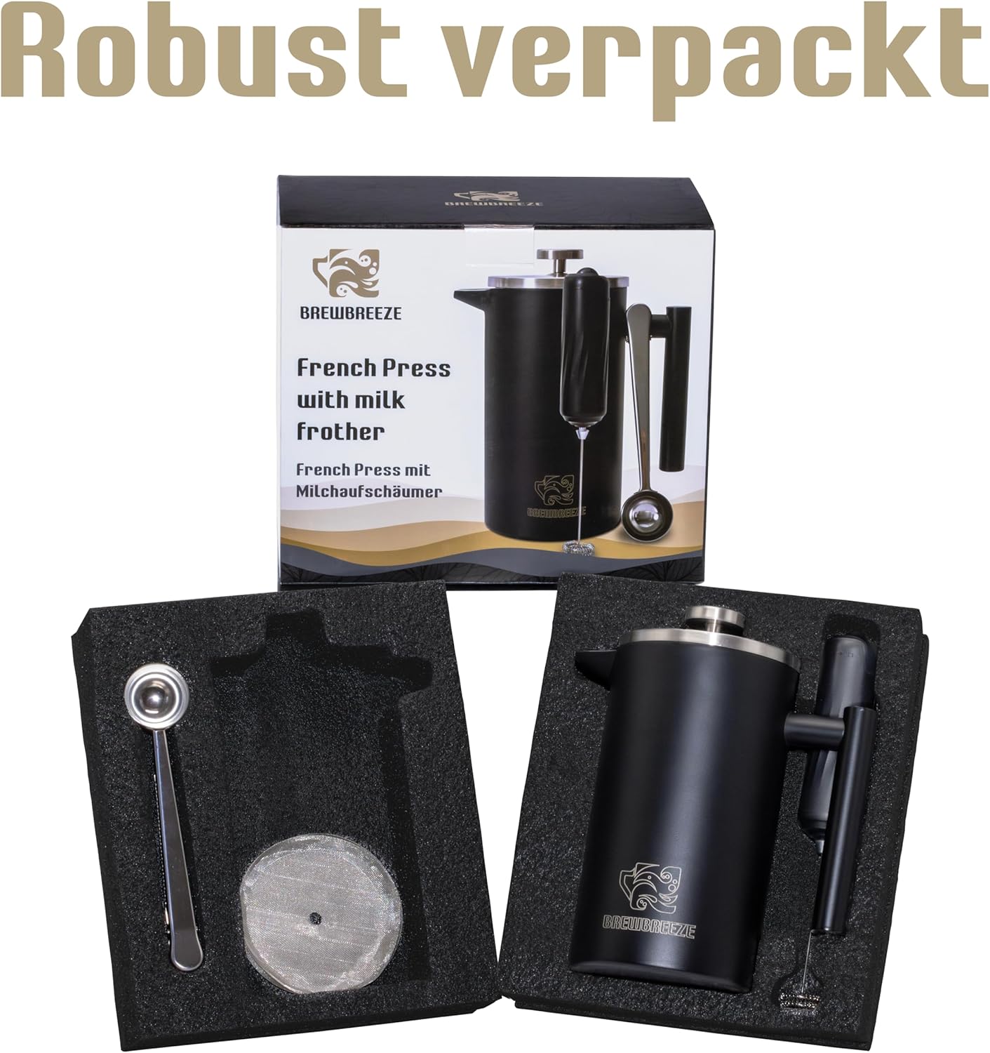 French Press Set mit Milchaufschäumer, Schwarz 1 Liter