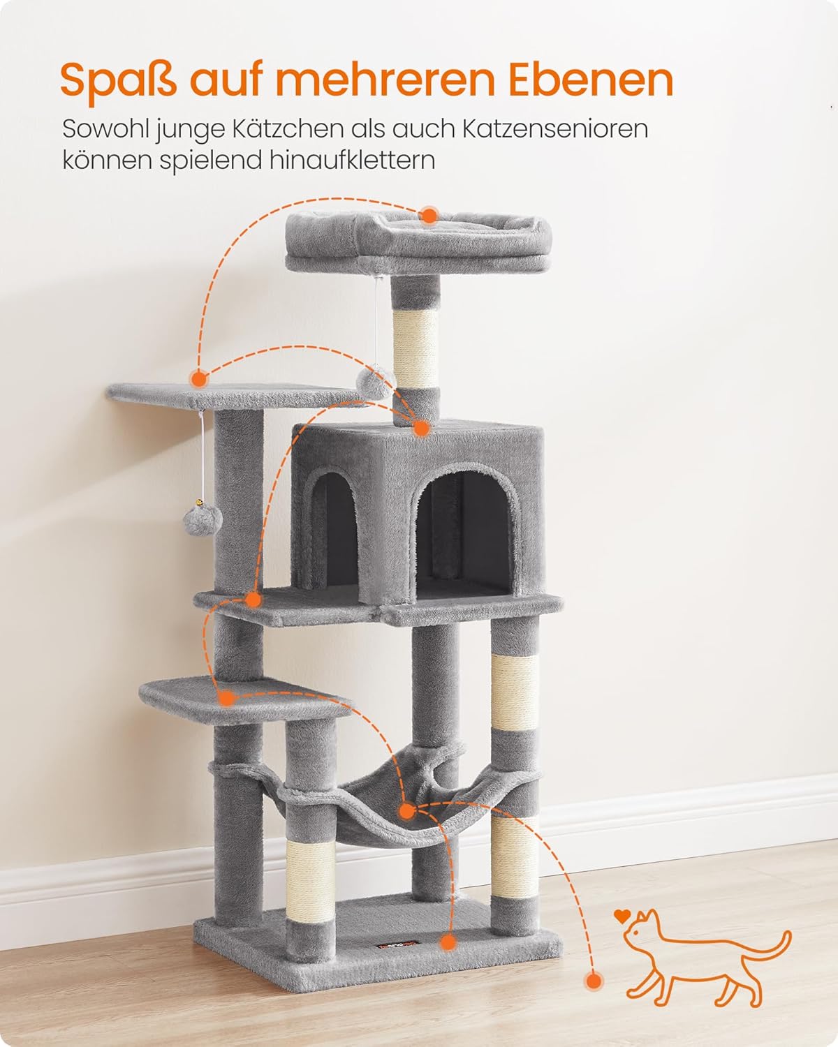 Mehrstöckiges Katzenhaus mit Kratzsäulen und Hängematte, PCT261W01, M (45 x 35 x 112 cm) Hellgrau