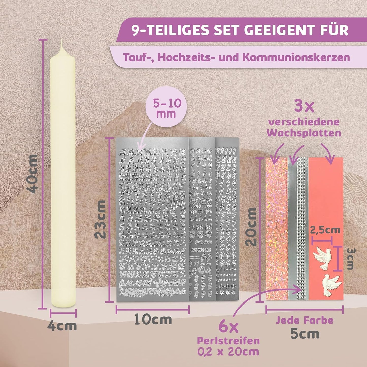 Kerzen-Rohling Set zur individuellen Gestaltung, Rosa mit Taube Kerze 40x4 cm | Creme