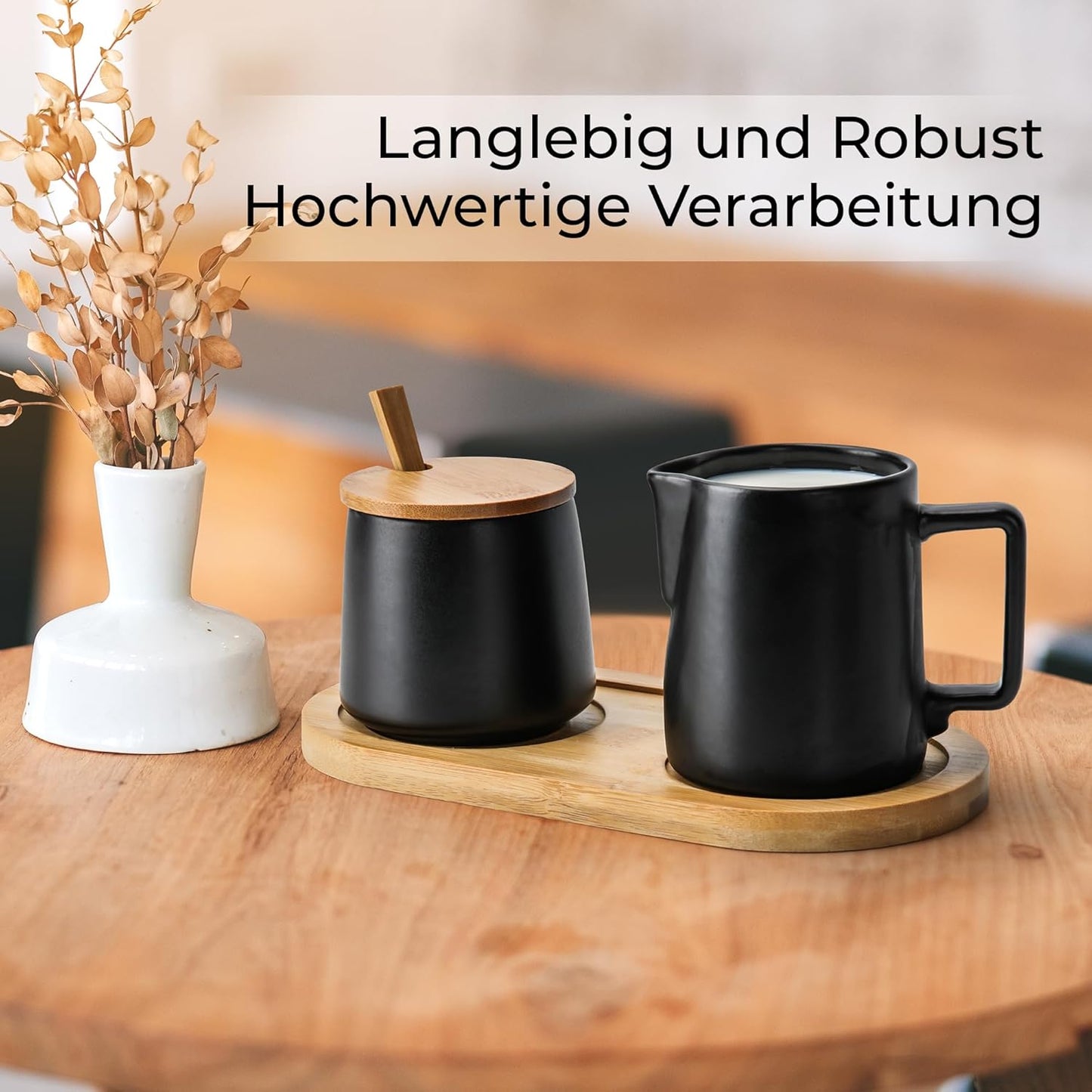 Milch- und Zucker-Set mit Holztablett, Schwarz