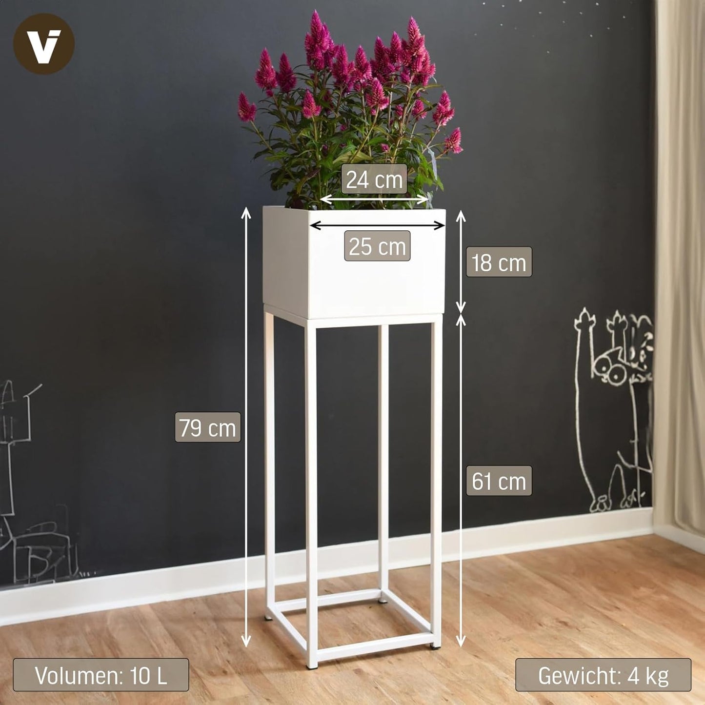 Elevate Square Blumentopf auf Ständer mit Beinen, Weiss Matt, 79x25x25 cm Square