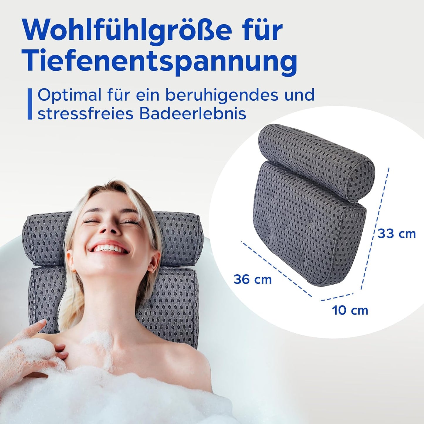 Ergonomisches Badewannenkissen mit 7 Saugnäpfen, Grau extra dick
