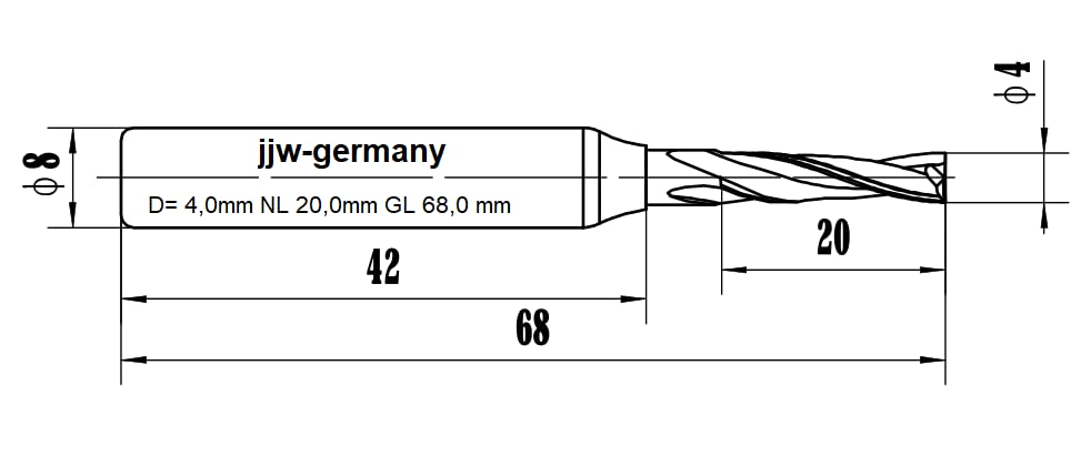 Spiralnutfräser für Oberfräse, D= 4,0 mm NL 20,0 mm GL 68